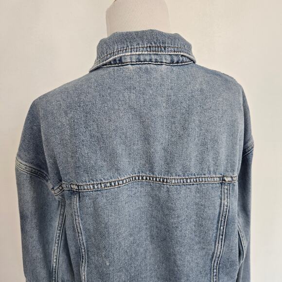 Free People Grunge Distressed Cropped Denim Trucker Jacket Raw Hem Women Largeg - Picture 7 of 13